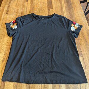 Women's Shein 0X Black T with Colorful Embroidered Flowers on Sleeves